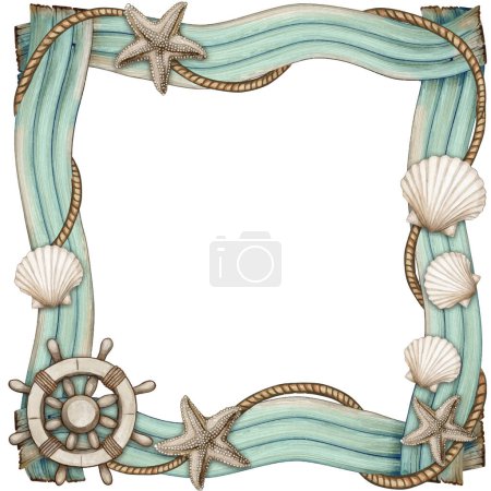 watercolor driftwood frame with starfishes and sea shells