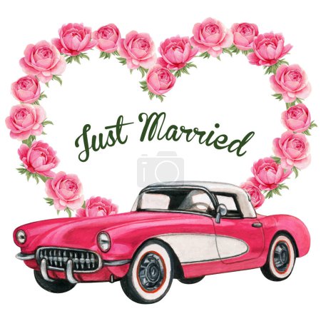 Illustration for Elegant wedding invitation with vintage pink car and peony wreath - Royalty Free Image