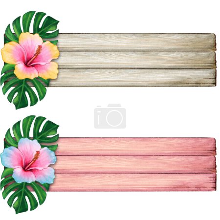 Téléchargez les illustrations : Bannière vintage en bois aquarelle rayée de fleurs tropicales - en licence libre de droit