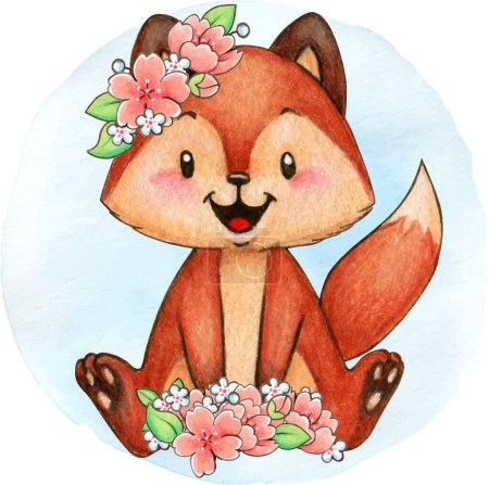 Téléchargez les illustrations : Watercolor woodland animal with cherry blossoms - en licence libre de droit