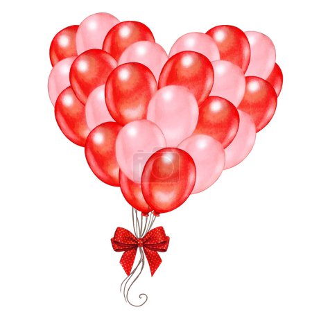 Illustration for Watercolor red heart shaped group of balloons - Royalty Free Image