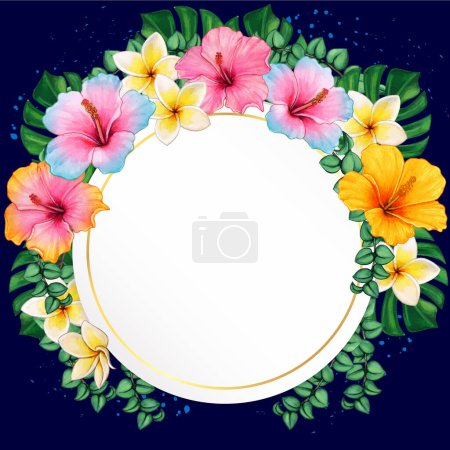 Illustration for Watercolor hibiscus flowers and tropical leaves elegant frame - Royalty Free Image