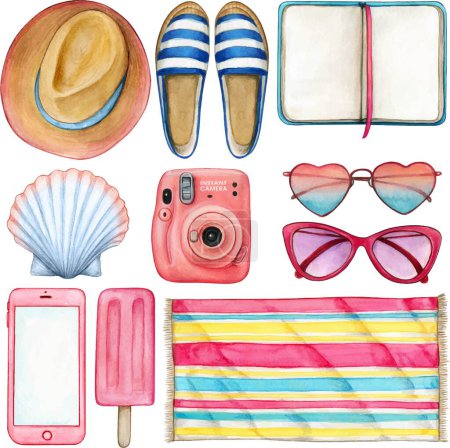 Watercolor summer object icon set pink and blue