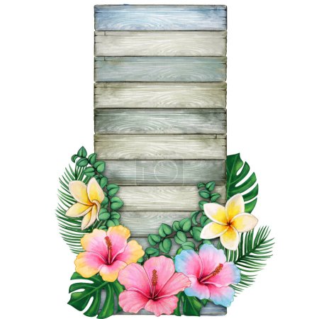 Ilustración de Banner vintage de madera acuarela rayado con flores tropicales - Imagen libre de derechos