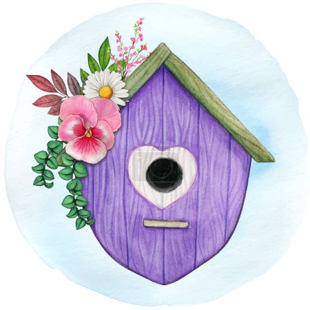 Illustration for Watercolor cute purple birdhouse with pansies and wild flowers - Royalty Free Image