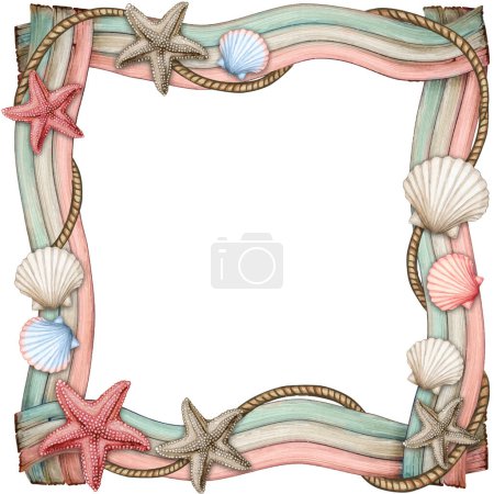 watercolor driftwood frame with starfishes and sea shells