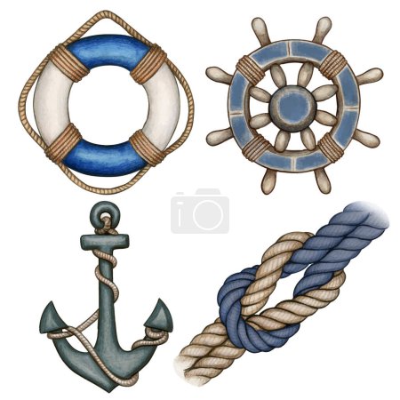Watercolor blue nautical icons buoy anchor helm and knot