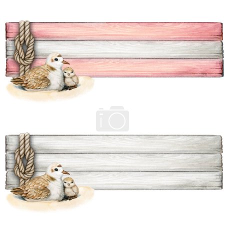 Téléchargez les illustrations : Bannière en bois aquarelle avec noeud de voile et nid de pluvier - en licence libre de droit