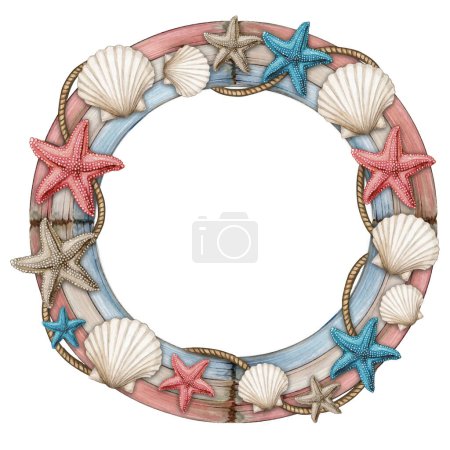 Illustration for Watercolor driftwood frame with starfishes and sea shells - Royalty Free Image