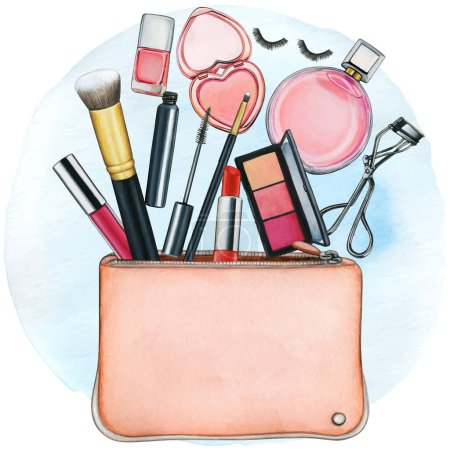 Illustration for Watercolor purse full of makeup tools - Royalty Free Image