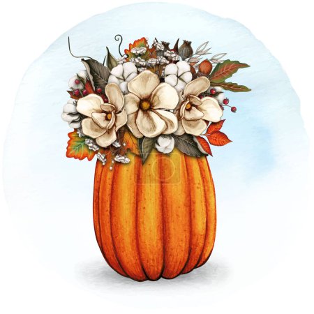 Illustration for Watercolor fall composition with pumpkin, sunflowers, dry herbs - Royalty Free Image