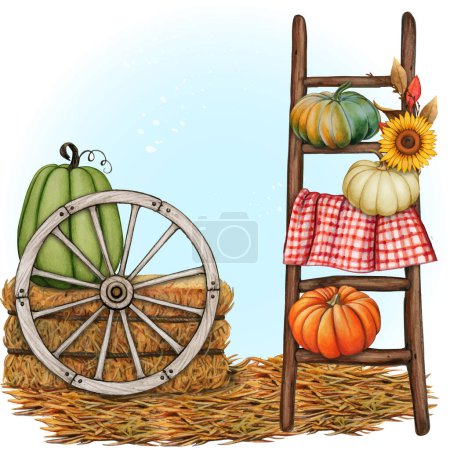 Watercolor fall farm composition with wooden ladder and pumpkins