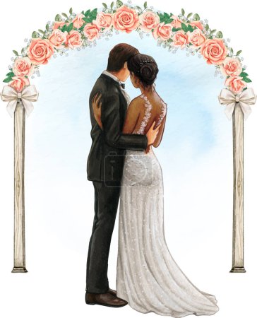 Watercolor wedding couple embracing under wedding rose arch