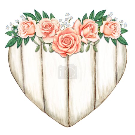 Téléchargez les illustrations : Aquarelle coeur en bois avec roses roses - en licence libre de droit