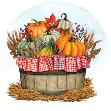 Ilustración de Acuarela cosecha cesta de calabaza decoración - Imagen libre de derechos