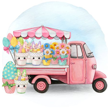 Watercolor easter floral market truck
