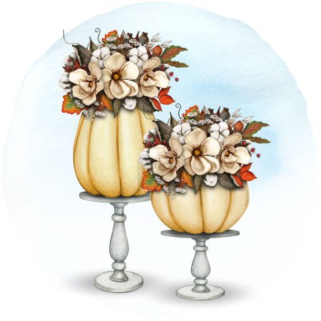 Illustration for Watercolor decorated pumpkin composition on a stand - Royalty Free Image