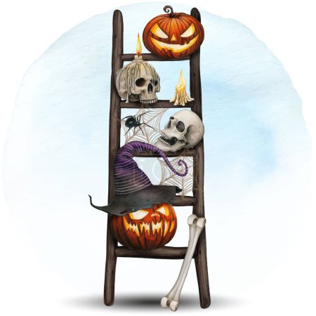 Watercolor halloween decorated ladder with carved lanterns