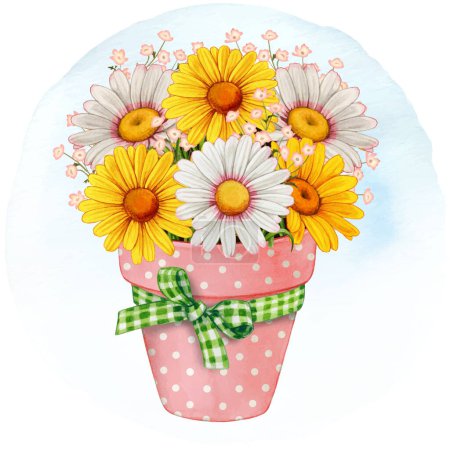 Téléchargez les illustrations : Aquarelle pot de fleurs de printemps de marguerites colorées - en licence libre de droit