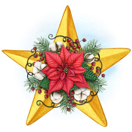 Téléchargez les illustrations : Aquarelle dessinée à la main décorée étoile rustique de Noël - en licence libre de droit