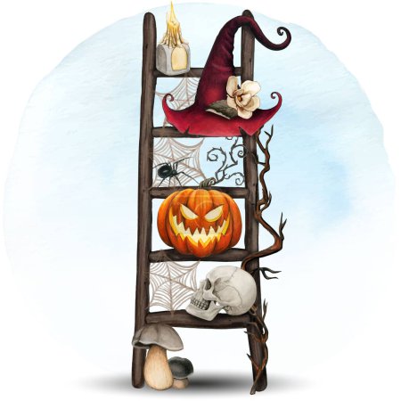 Watercolor halloween decorated ladder with carved lanterns