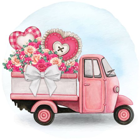 Téléchargez les illustrations : Aquarelle mignon camion rose plein de roses roses et de cœurs - en licence libre de droit
