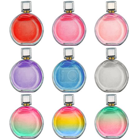 Téléchargez les illustrations : Aquarelle flacons de parfum colorés - en licence libre de droit