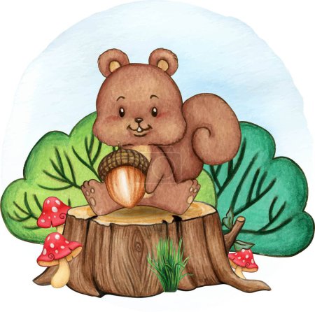 Téléchargez les illustrations : Aquarelle bois bébé animal sur un tronc d'arbre - en licence libre de droit