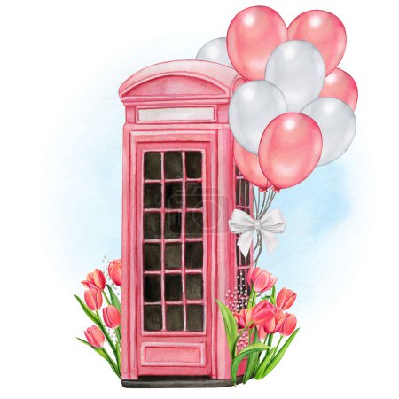 Téléchargez les illustrations : Cabine de téléphone aquarelle rose avec ballons - en licence libre de droit
