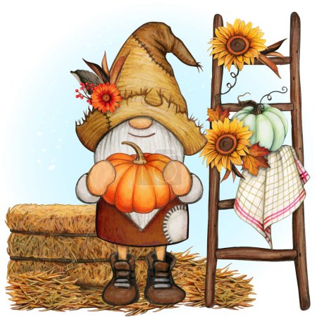 Téléchargez les illustrations : Aquarelle mignon automne saison gnome - en licence libre de droit