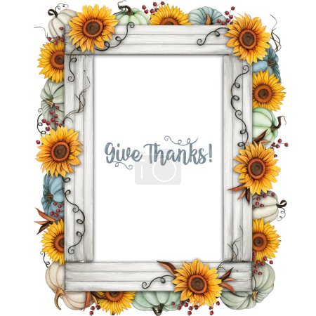 Illustration for Watercolor rustic sunflower and pumpkins frame - Royalty Free Image