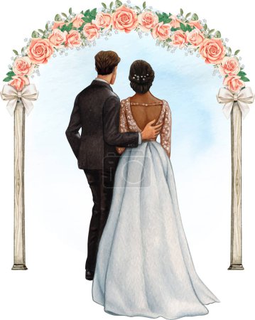 Illustration for Watercolor wedding couple embracing under wedding rose arch - Royalty Free Image