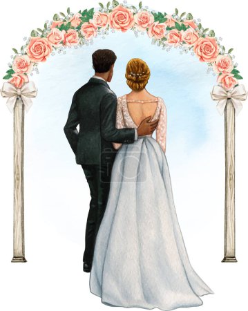 Watercolor wedding couple embracing under wedding rose arch