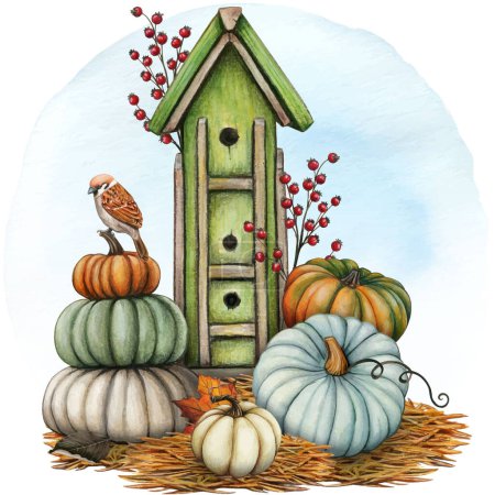 Illustration for Watercolor birdhouse surrounded by pumpkins - Royalty Free Image