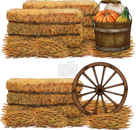 watercolor hand drawn hay bales with pumpkins