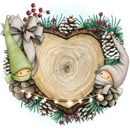 Téléchargez les illustrations : Tranche de coeur en bois dessinée à la main aquarelle avec des elfes, des cônes de pin a - en licence libre de droit