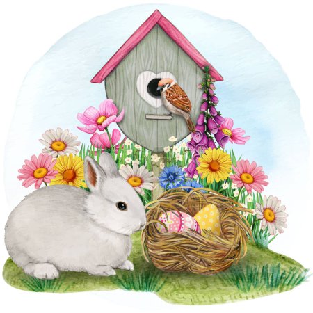 Watercolor easter illustration with bunny nest sparrow and birdhouse