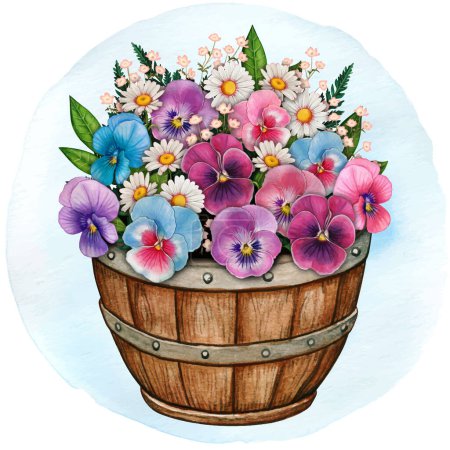 Illustration for Watercolor wooden half barrel planter full of daisies and pansies - Royalty Free Image