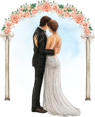 Illustration for Watercolor wedding couple embracing under wedding rose arch - Royalty Free Image