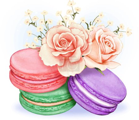 Cute watercolor pastel macarons with pink roses bouquet