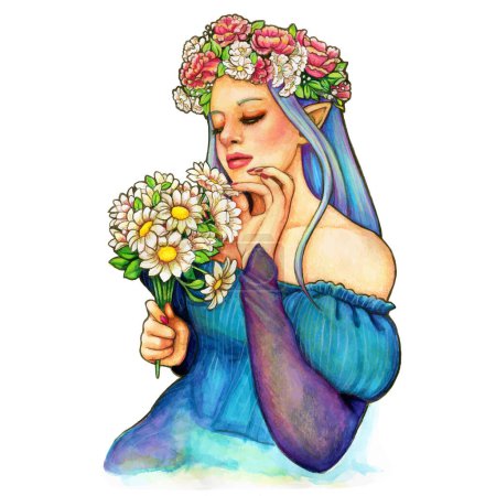 Bunte Aquarell-Illustration einer elfenhaften Jungfrau mit Gänseblümchenstrauß und Pfingstrose-Krone