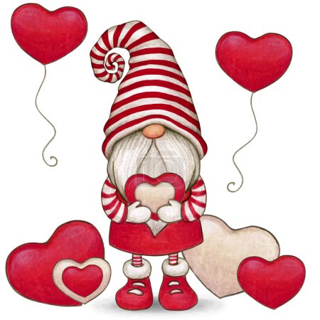 Illustration for Watercolor cute hand drawn valentine's day gnome - Royalty Free Image
