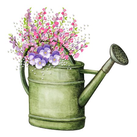 Illustration for Vintage watercolor watercan full of blooming branches and pansy flowers - Royalty Free Image