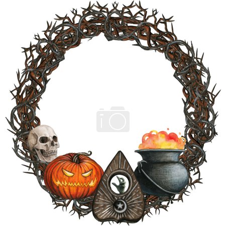 Watercolor halloween wreath with pumpkin and skull 