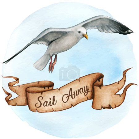 Illustration for Watercolor flying seagull with message scroll banner - Royalty Free Image