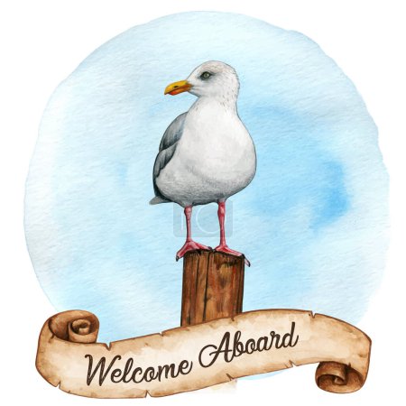 Illustration for Watercolor seagull on a wooden mooring pole - Royalty Free Image