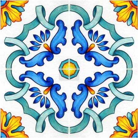 Illustration for Hand drawn watercolor mediterranean sicilian traditional tiles - Royalty Free Image