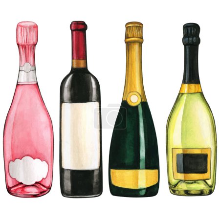 Illustration for Watercolor hand drawn wine bottles with blank label - Royalty Free Image