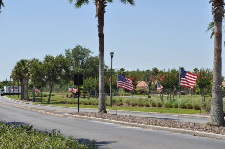 Flags along the boulevard in a Florida Retirement Community on Memorial Day