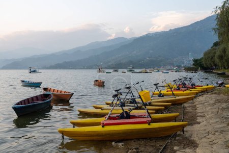 Photo for Lots of peddle boats lining the shore of Fewa Lake in Pokhara, Nepal in the light of late afternoon. - Royalty Free Image